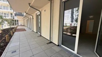 Eine moderne, gepflasterte Terrasse mit Zugang zu den Innenräumen eines neuen Gebäudes und natürlichem Licht.