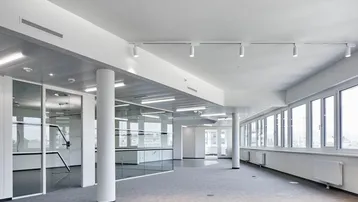 Geräumiges, modernes Büro mit großen Fenstern, Teppichboden und Glasabtrennungen für separate Arbeitsbereiche.