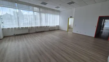 Geräumiger Büroraum mit großen Fenstern, hellem Laminatboden und abgehängter Decke, bereit zur individuellen Gestaltung.