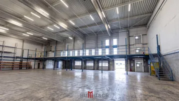 Große Lagerhalle mit hoher Decke, Betonboden und integrierter Zwischenebene für zusätzliche Lagerfläche.