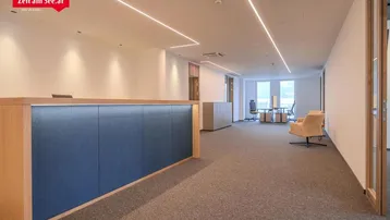 Moderner Empfangsbereich in einem Bürogebäude mit Teppichboden und indirekter Deckenbeleuchtung, der viel Platz bietet.