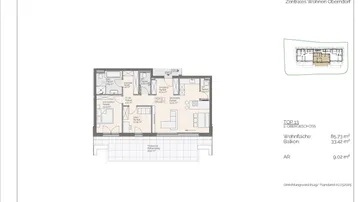 Grundriss einer Wohnung mit offenem Wohnbereich, zwei Bädern, Balkon und großer Terrasse.