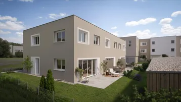 Visualisierung eines modernen Reihenhauses mit Terrasse, Garten und großen Fensterfronten.