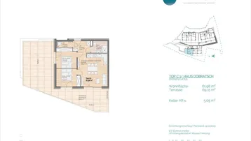 Grundriss für eine Erdgeschosswohnung mit zwei Schlafzimmern und großer Terrasse.