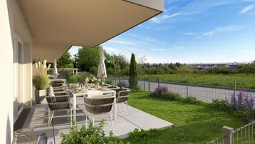 Visualisierung einer möblierten Terrasse mit Garten und weitem Blick ins Grüne.
