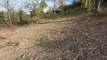Ein sonniger Tag über einem unbebauten Grundstück mit herbstlicher Vegetation und weitem Blick in die Natur.