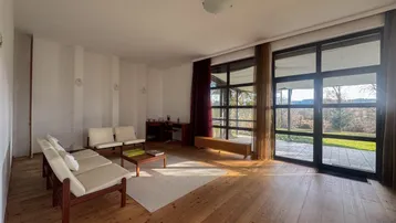 Heller Wohnbereich mit Holzboden, großen Fenstern und Zugang zur Terrasse mit Blick ins Grüne.