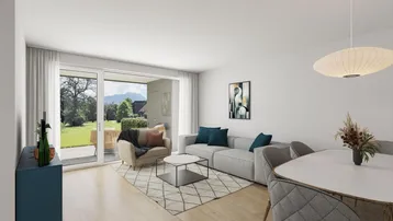 Heller Wohn-Essbereich mit Holzboden, modernen Möbeln und direktem Zugang zur Terrasse mit Bergblick.
