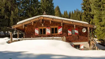 Traditionelles Holzchalet im Schnee mit roten Fensterläden und umgeben von hohen Nadelbäumen.