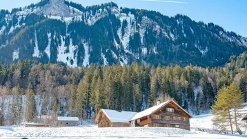 Traditionelles Holzhaus in verschneiter Alpenlandschaft mit majestätischem Bergblick unter blauem Himmel.