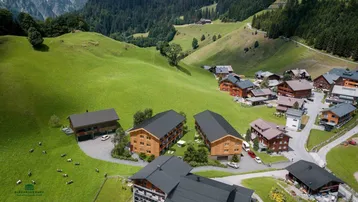 Luftaufnahme eines charmanten Bergdorfes mit neuen Gebäuden in einer grünen Tallandschaft.