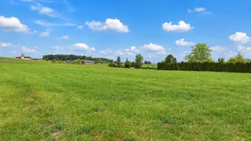 Weitläufige grüne Wiesenlandschaft unter blauem Himmel mit vereinzelten Gebäuden und Bäumen in der Ferne, umgeben von einer Hecke.