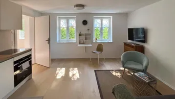 Helles Zimmer mit integrierter Küchenzeile, Wohnbereich und Blick ins Grüne.