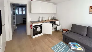 Heller Wohnbereich mit integrierter Küchenzeile, Sofa und Holzboden, ideal für ein Studio-Apartment.