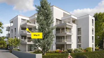 Moderne Wohnanlage mit mehreren Balkonen und gepflegter Grünfläche, umgeben von Bäumen.