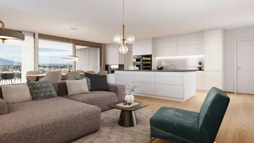 Heller offener Wohnbereich mit moderner weißer Küche, gemütlichem Sofa und Blick ins Grüne.