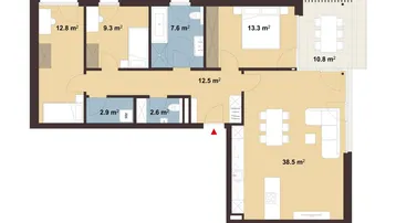 Grundriss einer Wohnung mit offenem Wohnbereich, zwei Bädern, separatem WC und einer großen Terrasse.