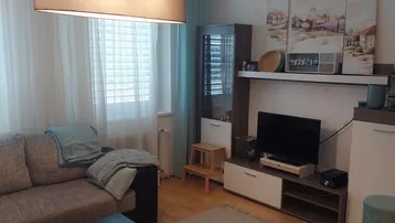 Helles Wohnzimmer mit Sofa, Couchtisch und Medienmöbeln, ausgestattet mit einem großen Deckenlicht.