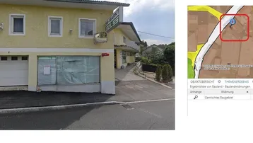 Ansicht eines gelben Gebäudes mit Gewerbeflächen im Erdgeschoss und einer Straße davor.