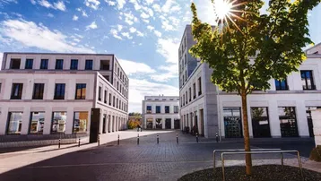 Moderne Geschäftsgebäude an einem sonnigen Platz mit Bäumen und gepflastertem Boden, strahlender Sonnenschein.