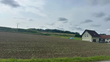 Blick auf ein weites Feld mit einem Wohnhaus im Hintergrund unter bewölktem Himmel.