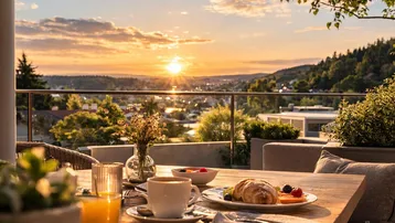 Gemütliche Terrasse mit Frühstückstisch und malerischem Sonnenuntergang über der Stadt.