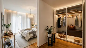 Helles Schlafzimmer mit integriertem Kleiderschrank, Holzboden und Zugang zum Balkon.