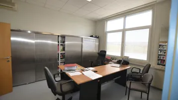 Geräumiges Büro mit großem Fenster, Schreibtisch, Bürostühlen und Metallschränken, gut beleuchtet.