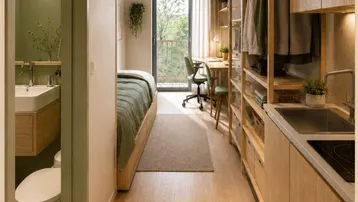 Modernes Studentenapartment mit integriertem Wohn-, Schlaf- und Küchenbereich sowie einem Bad und Loggia.