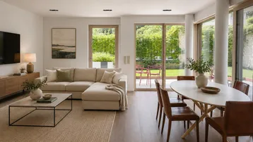 Helles, offenes Wohn-Esszimmer mit modernem Design, Holzboden und Zugang zum grünen Garten.