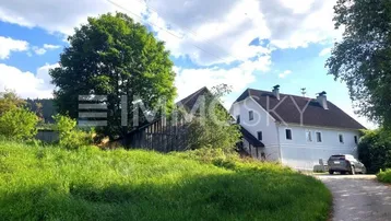 Ländliches Anwesen mit Wohnhaus und Nebengebäude, umgeben von viel Grün und Bäumen unter blauem Himmel.