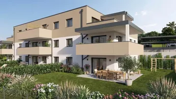 Moderne Wohnanlage mit großzügiger Terrasse, Gartenbereich und Kinderspielplatz in ruhiger Wohnlage.