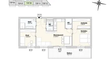 Grundriss der Wohnung TOP 09 im 1. Obergeschoss mit Wohnbereich, Schlafzimmer, Kinderzimmer und Balkon.