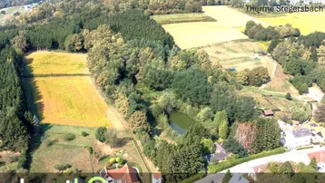 Luftaufnahme der ländlichen Umgebung mit Wäldern, Feldern, einem Teich und einigen Häusern.