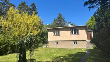 Einfamilienhaus mit großem Garten und altem Baumbestand unter blauem Himmel.