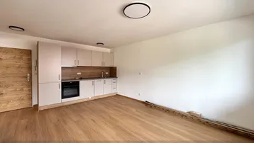 Heller offener Wohnbereich mit integrierter Küchenzeile, modernem Laminatboden und weißen Wänden.
