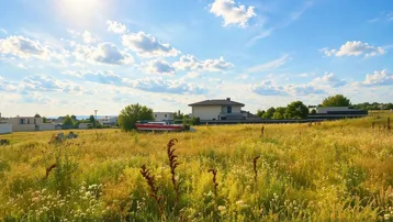 Sonniges Grundstück mit weitem Blick und umliegenden Häusern, ideal für Neubauprojekte.