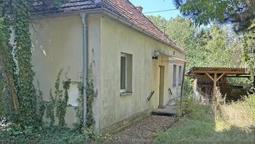 Seitenansicht des Hauses mit bewachsenen Wänden und einem einfachen Unterstand im Grünen.