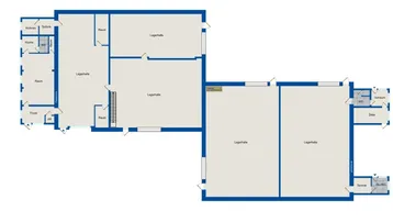 Grundrissplan eines Gebäudes mit mehreren Lagerhallen, einer Küche, Foyer, Technikräumen und Toiletten.