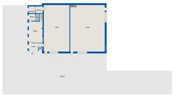 Grundrissplan zeigt die Aufteilung eines Gebäudes mit Wohnbereich, Küche, Foyer, Technikraum und zwei großen Hallen.