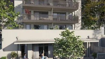 Moderne Wohnanlage mit großzügigen Balkonen und einer einladenden Terrasse im Erdgeschoss.