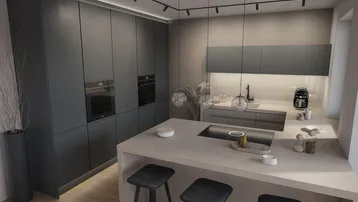 Moderne Küche mit dunklen Schränken, Kücheninsel und integrierten Geräten.