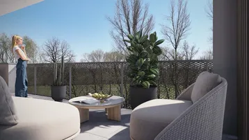Moderne Balkonterrasse mit bequemen Loungemöbeln und Pflanzen, ideal zum Entspannen im Freien.