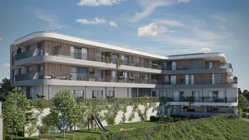 Moderne Wohnanlage mit geschwungenen Balkonen, Holzfassade und einem kleinen Spielplatz im Grünen.