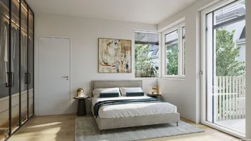 Helles Schlafzimmer mit Balkonzugang, Einbauschrank und modernem Doppelbett.
