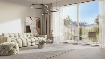 Helles Wohnzimmer mit modernem Sofa, großen Fenstern und Zugang zum Balkon.