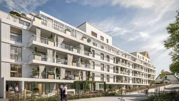 Visualisierung der modernen Wohnanlage mit Balkonen, Terrassen und Grünflächen im Vordergrund.