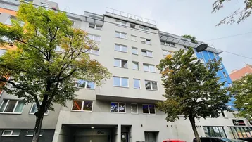 Modernes Mehrfamilienhaus mit vielen Fenstern, Tiefgarageneinfahrt und einer Dachterrasse, umgeben von Bäumen.