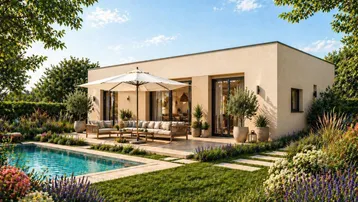 Moderne Villa mit Pool, großer Terrasse und gepflegtem Garten unter blauem Himmel.