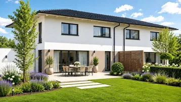 Modernes Einfamilienhaus mit großer Terrasse, gepflegtem Garten und Sitzbereich im Freien.